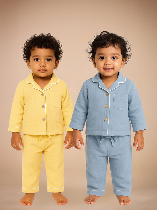 Set of 2 Yellow & Blue Crinkle Muslin Nightsuit | Unisex