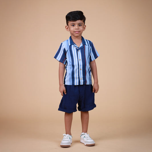 Organic cotton blue striped shirt & Crinckled muslin shorts for boys