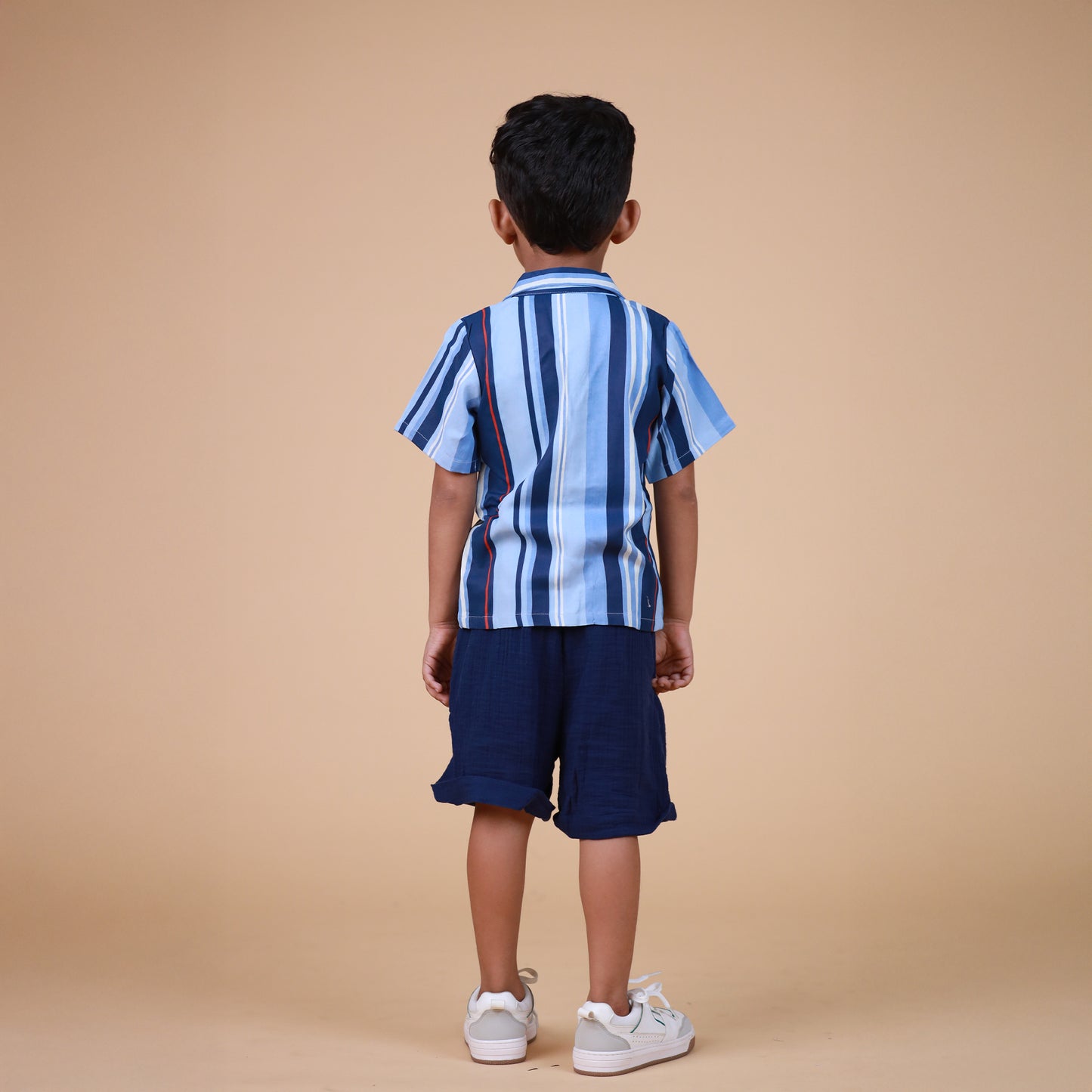 Organic cotton blue striped shirt & Crinckled muslin shorts for boys